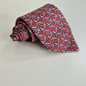 Beaufort Tie Rack Silk Tie Italy Red Multicolor Airplanes Clouds AOP W3.75 L59.5